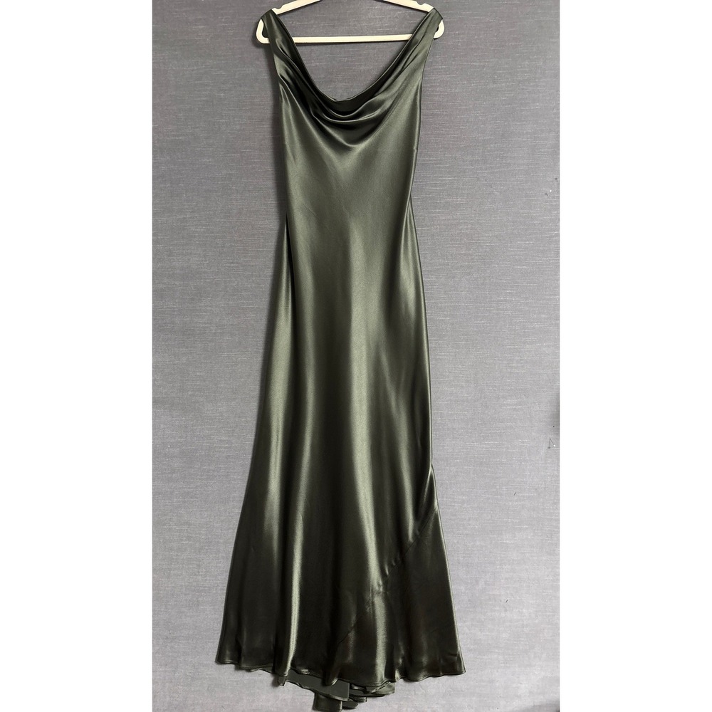 Vintage ABS Gown 6 Green Satin Cowl Neck Open Back Ruched Slip Train Evening